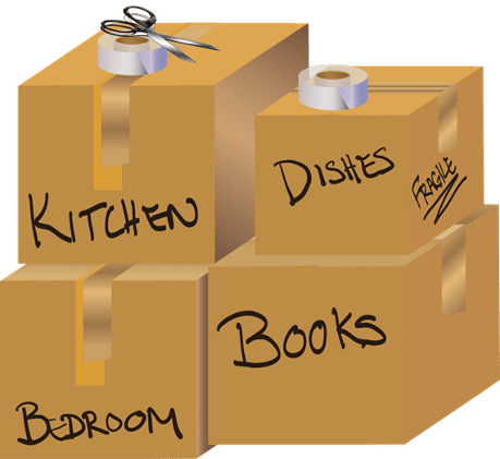 Moving boxes labelled kitchen, dishes, books and bedroom